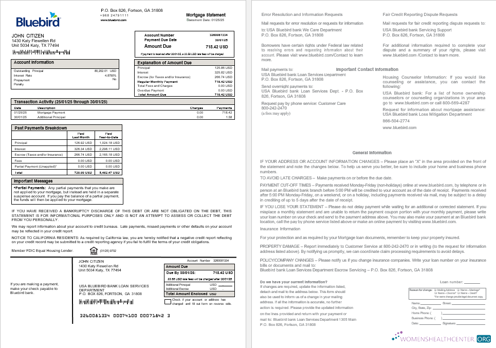 Download USA Bluebird bank mortgage statement in Word and PDF formats Photoshop template